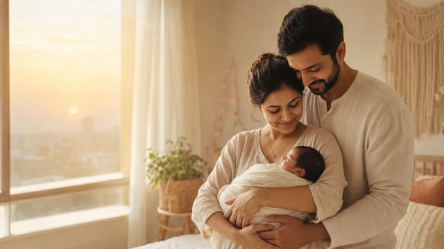 Indian parents holding their newborn in warm morning light
