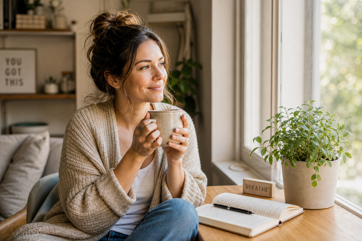 A parent taking a quiet self-care moment with coffee and a journal