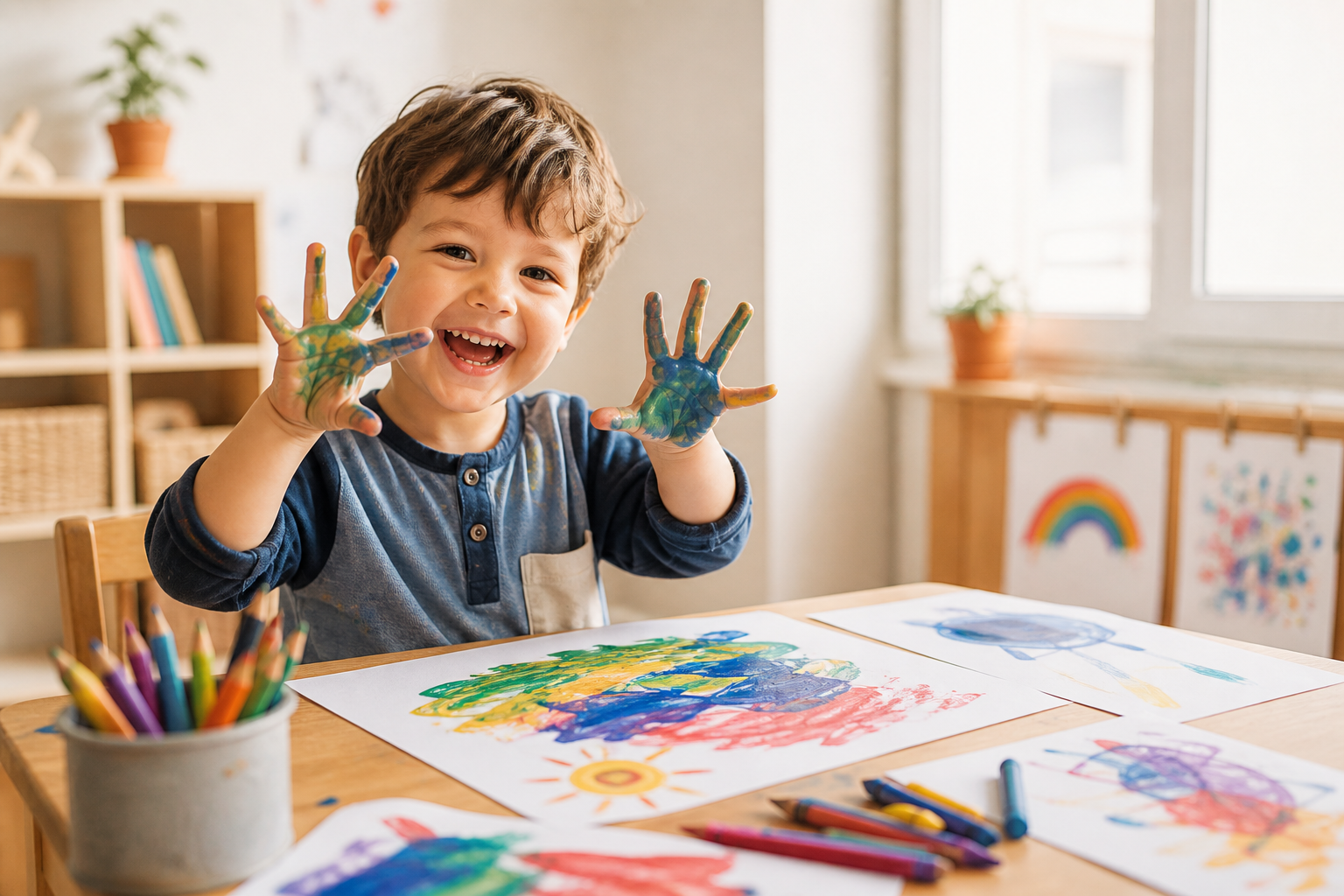 A happy preschooler finger-painting colorful artwork