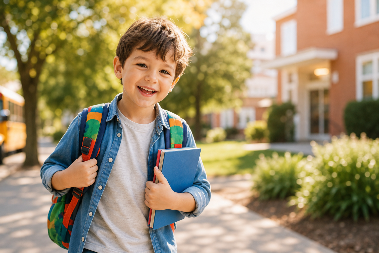 A happy school-age child walking to school with a backpack and book