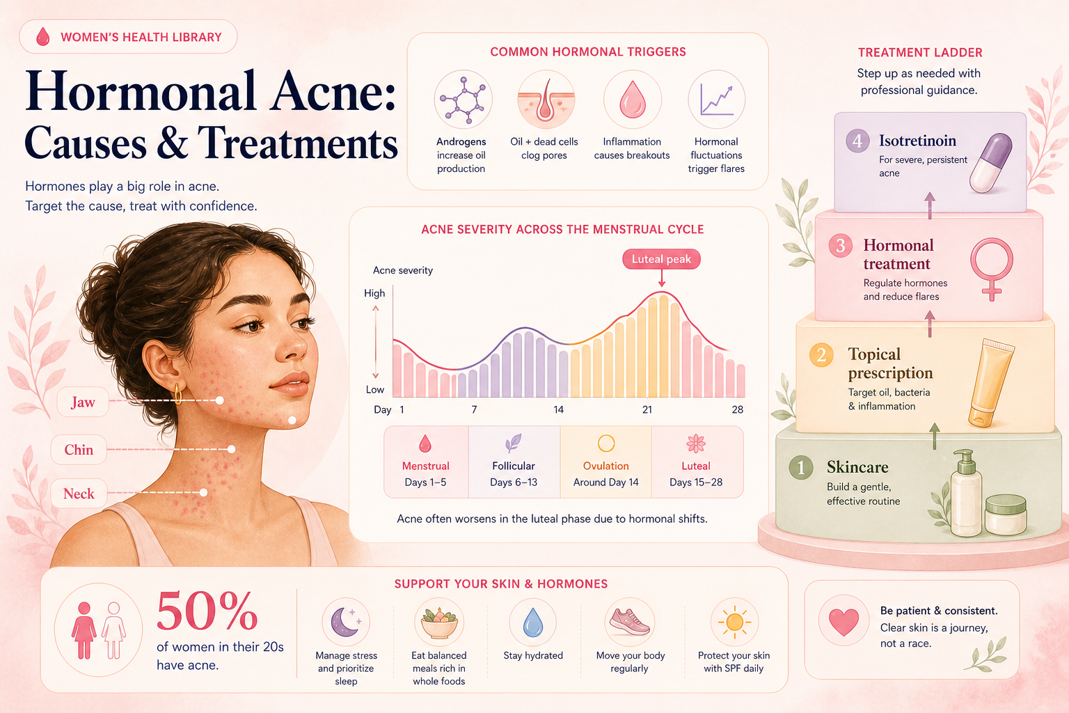 A woman gently caring for her skin at the mirror, managing hormonal acne