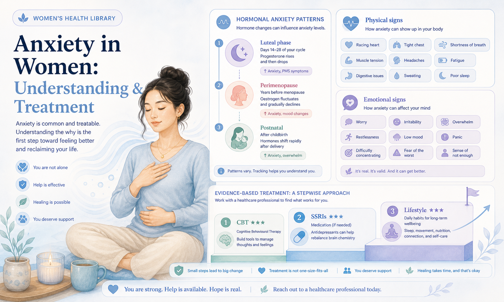 A woman sitting quietly with a hand on her chest, taking a slow, calming breath