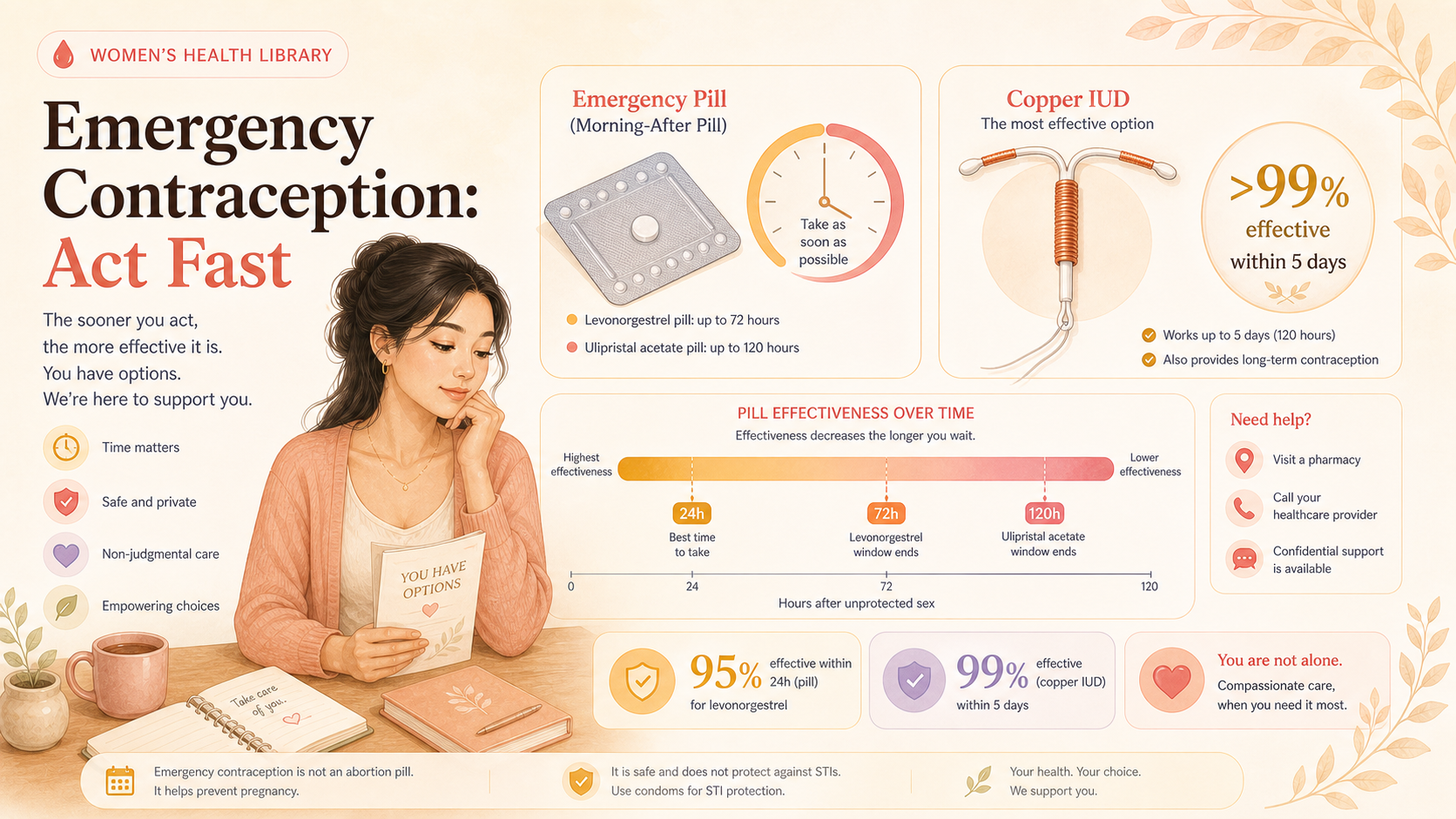 A calm, reassuring illustration about emergency contraception and the morning-after pill