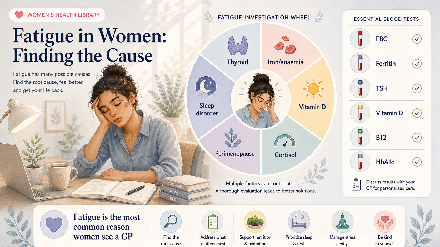 A woman pausing to rest with a warm drink, easing tiredness and low energy