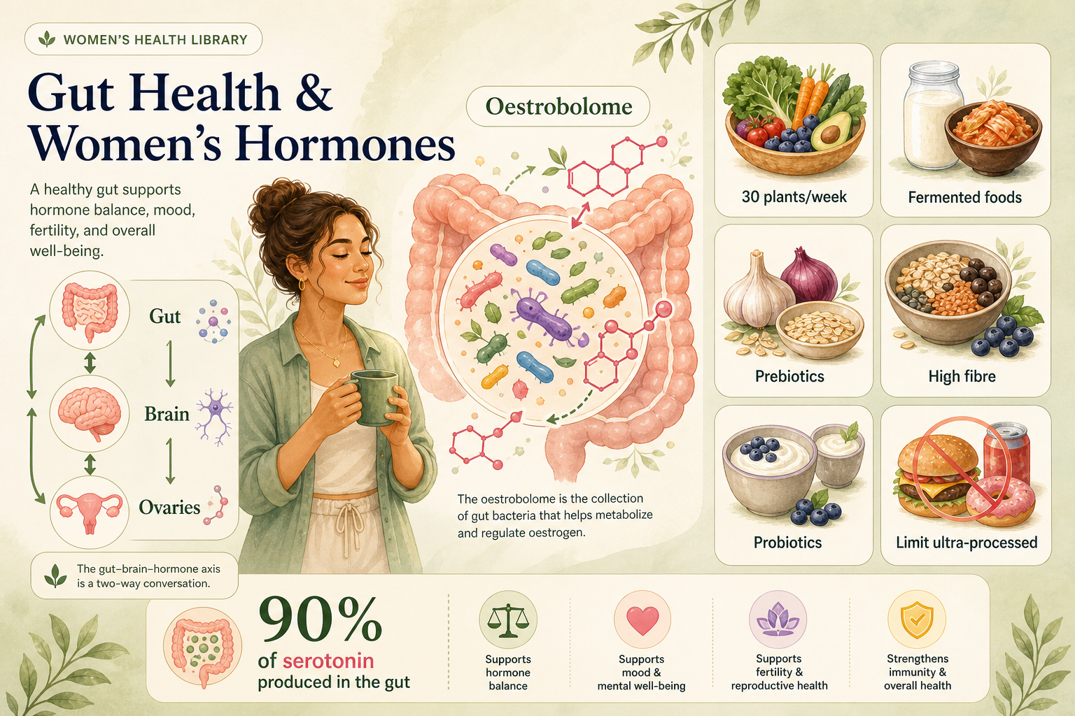 A colourful plate of fibre-rich, gut-friendly foods including dal, vegetables, fruit and curd