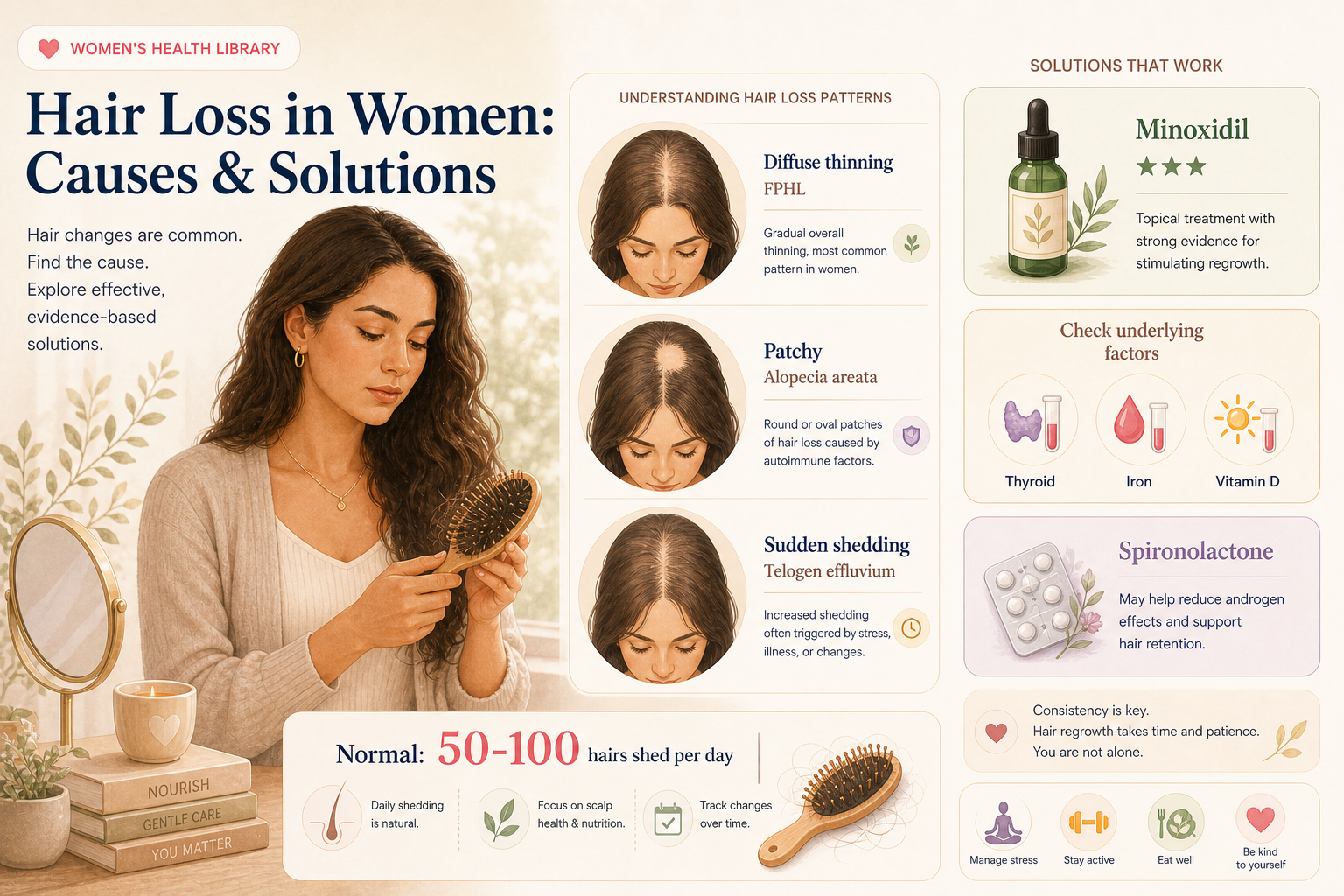 A woman gently brushing her hair, reassured about everyday shedding and regrowth