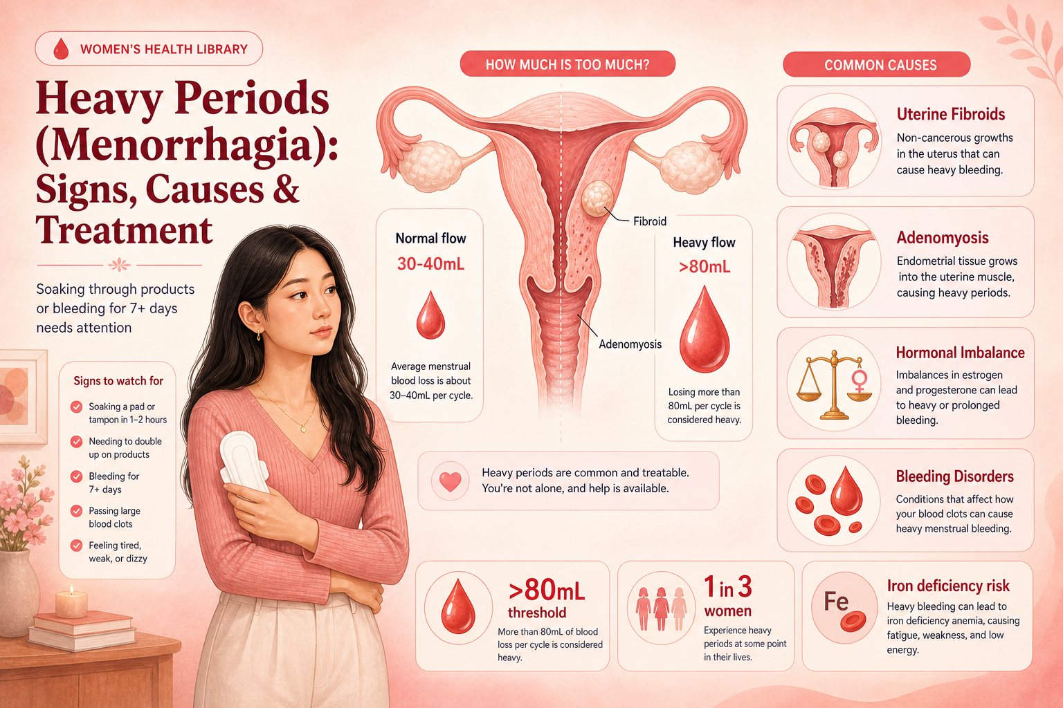 Heavy periods (menorrhagia) — what counts as heavy, common causes, tests, evidence-based treatment, and red flags that need a doctor