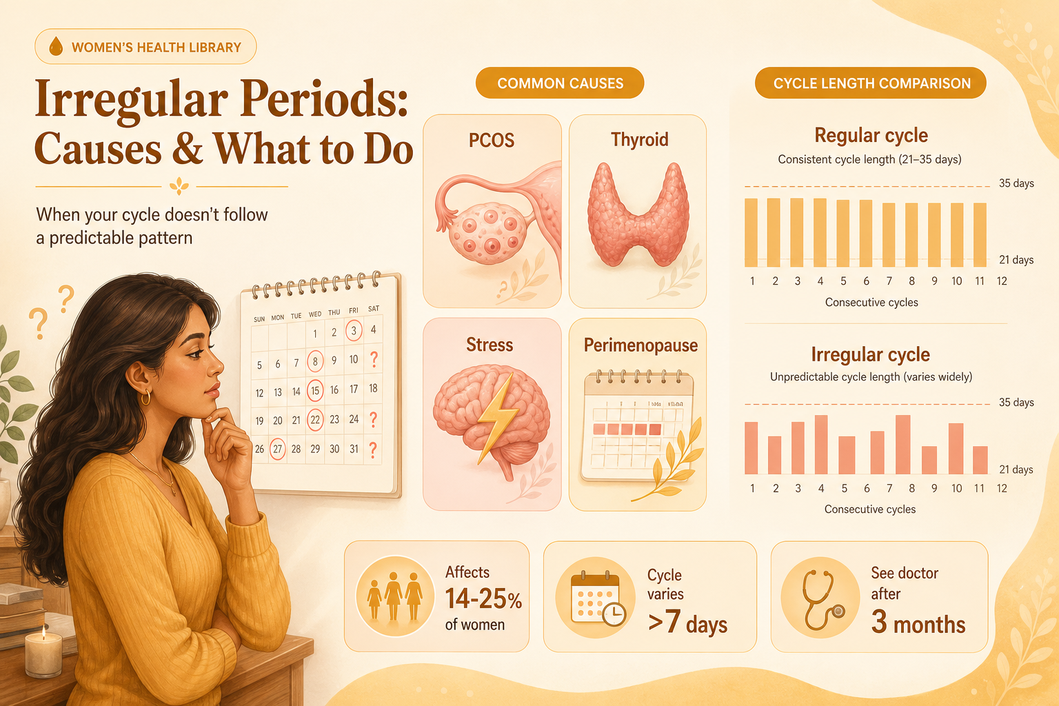 Irregular periods — what counts as irregular, common causes (PCOS, thyroid, stress, weight), and when to see a doctor