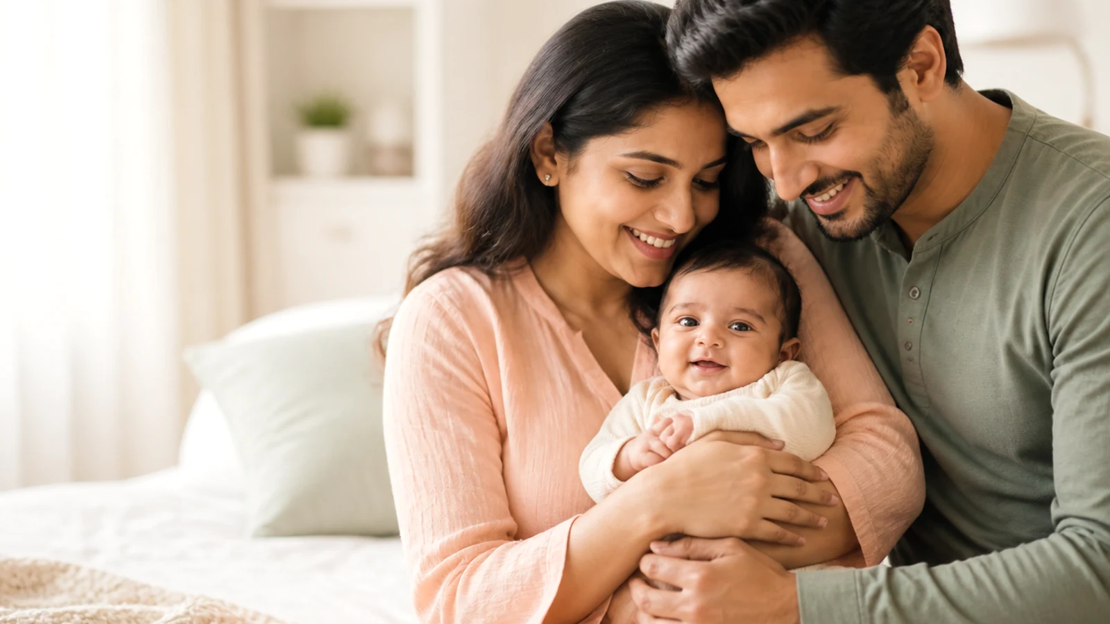 Indian parents cuddling a baby in a bright modern home.