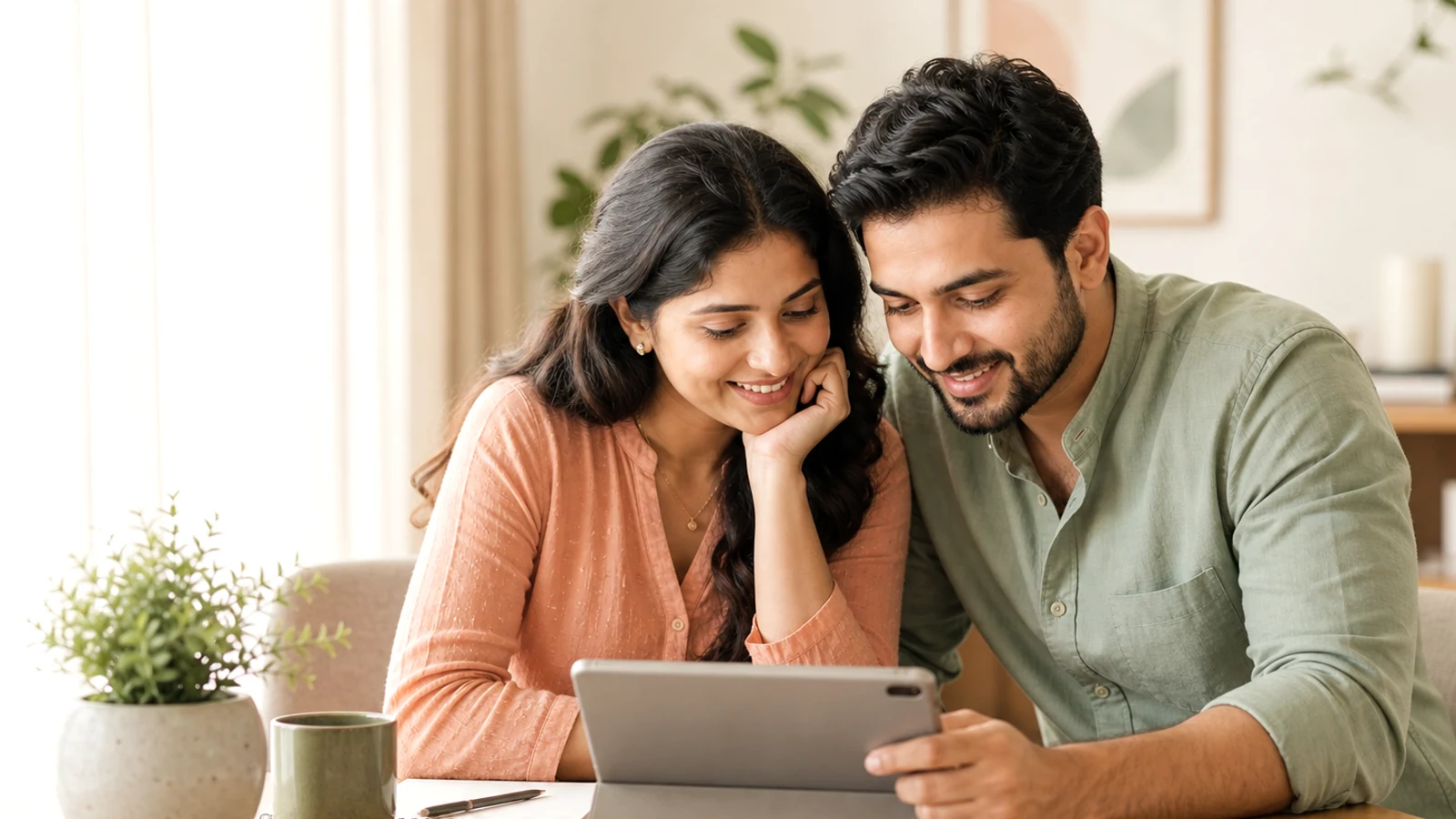 Indian couple reviewing fertility guidance together in a bright home.