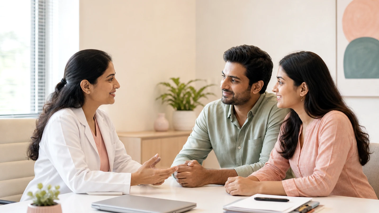 Indian couple speaking with a fertility specialist in a bright clinic.