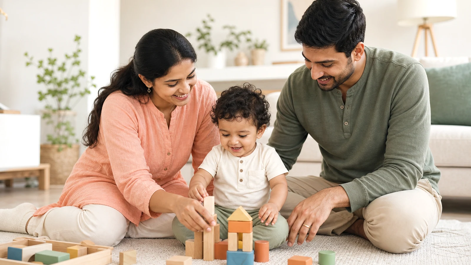 Indian parents supporting a toddler through early skills.