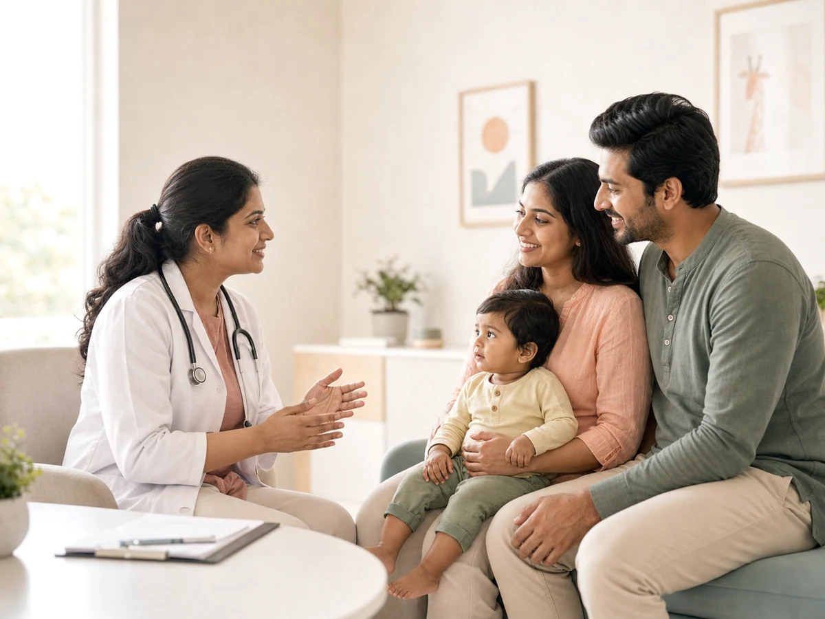 Indian parents speaking with a pediatrician in a bright clinic.
