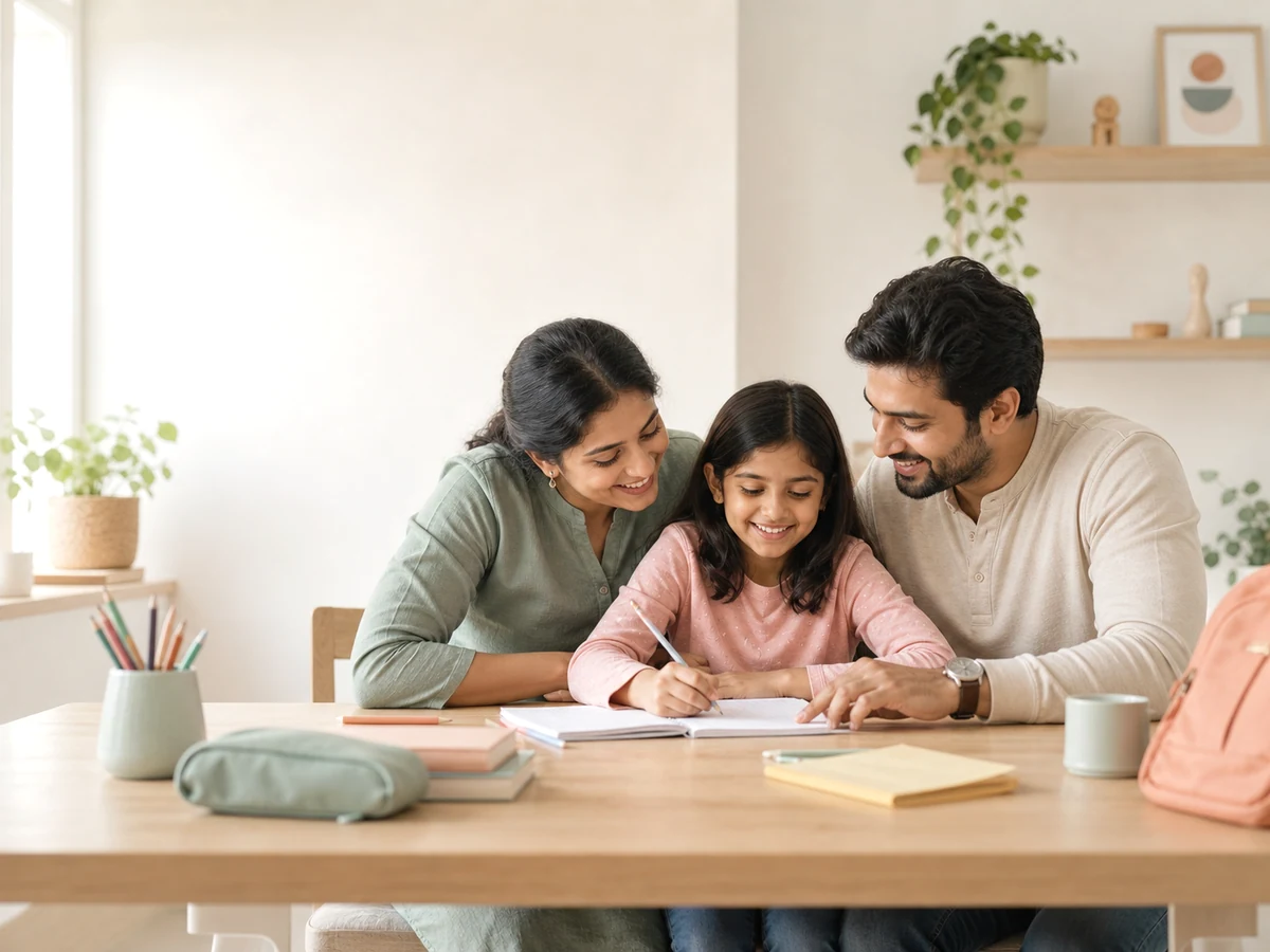 Indian child learning with supportive parents at home.