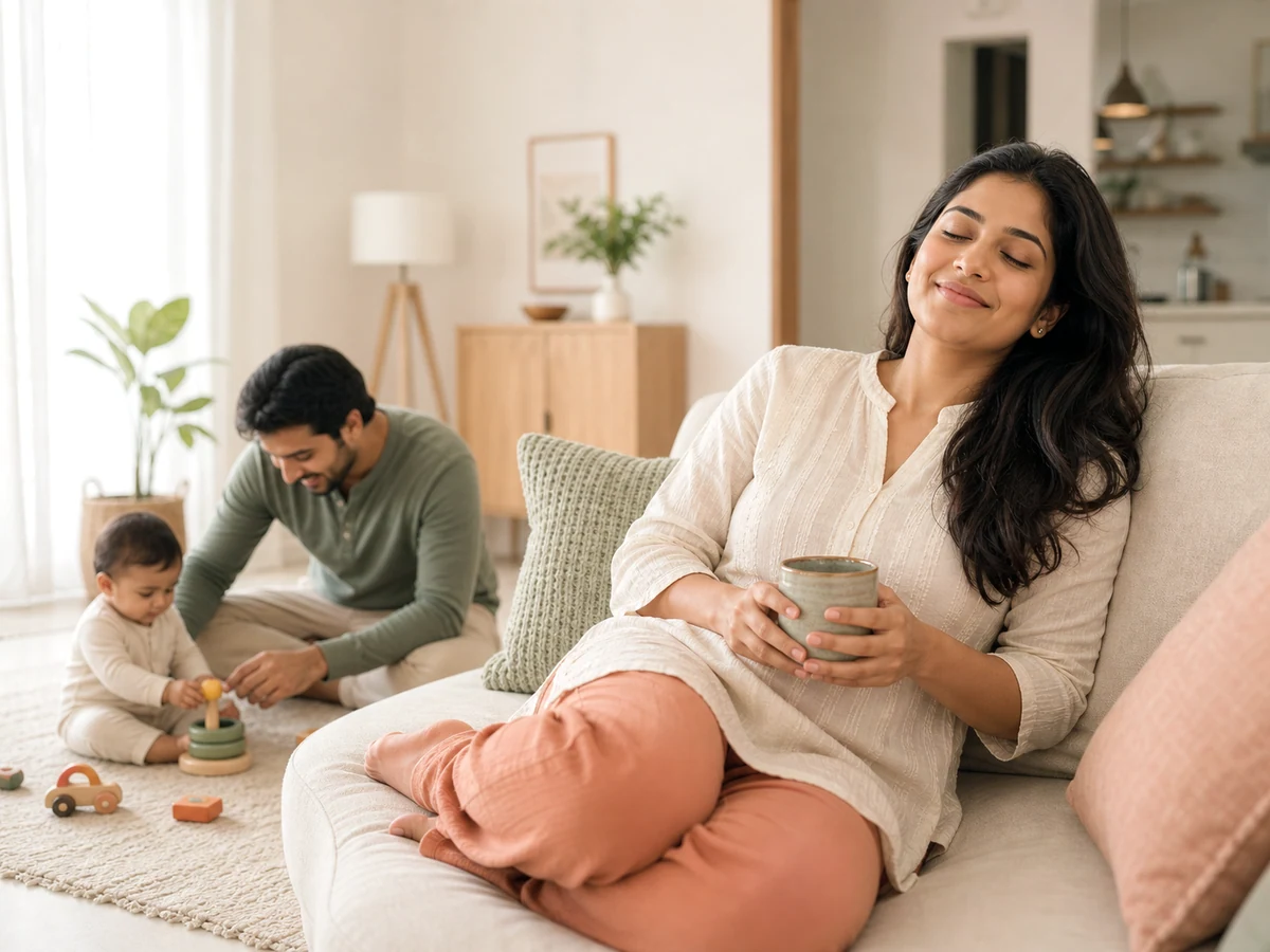 Indian mother taking a calm wellbeing pause while family supports the baby.