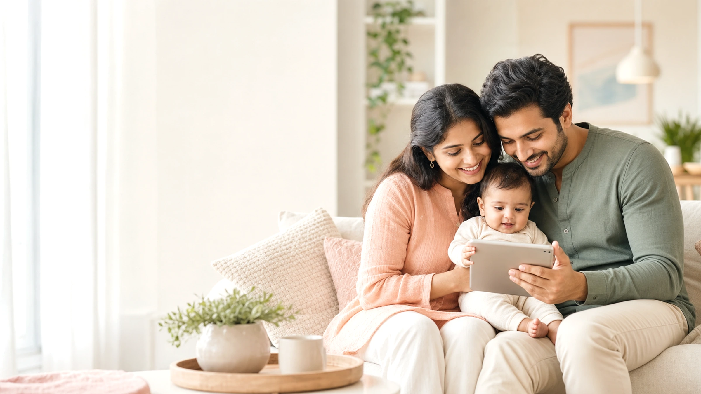 Indian parents and baby reading parenting guidance together on a tablet in a bright home.