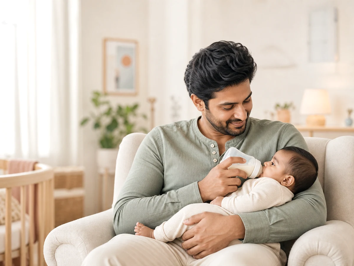 Indian father holding and comforting a newborn baby.