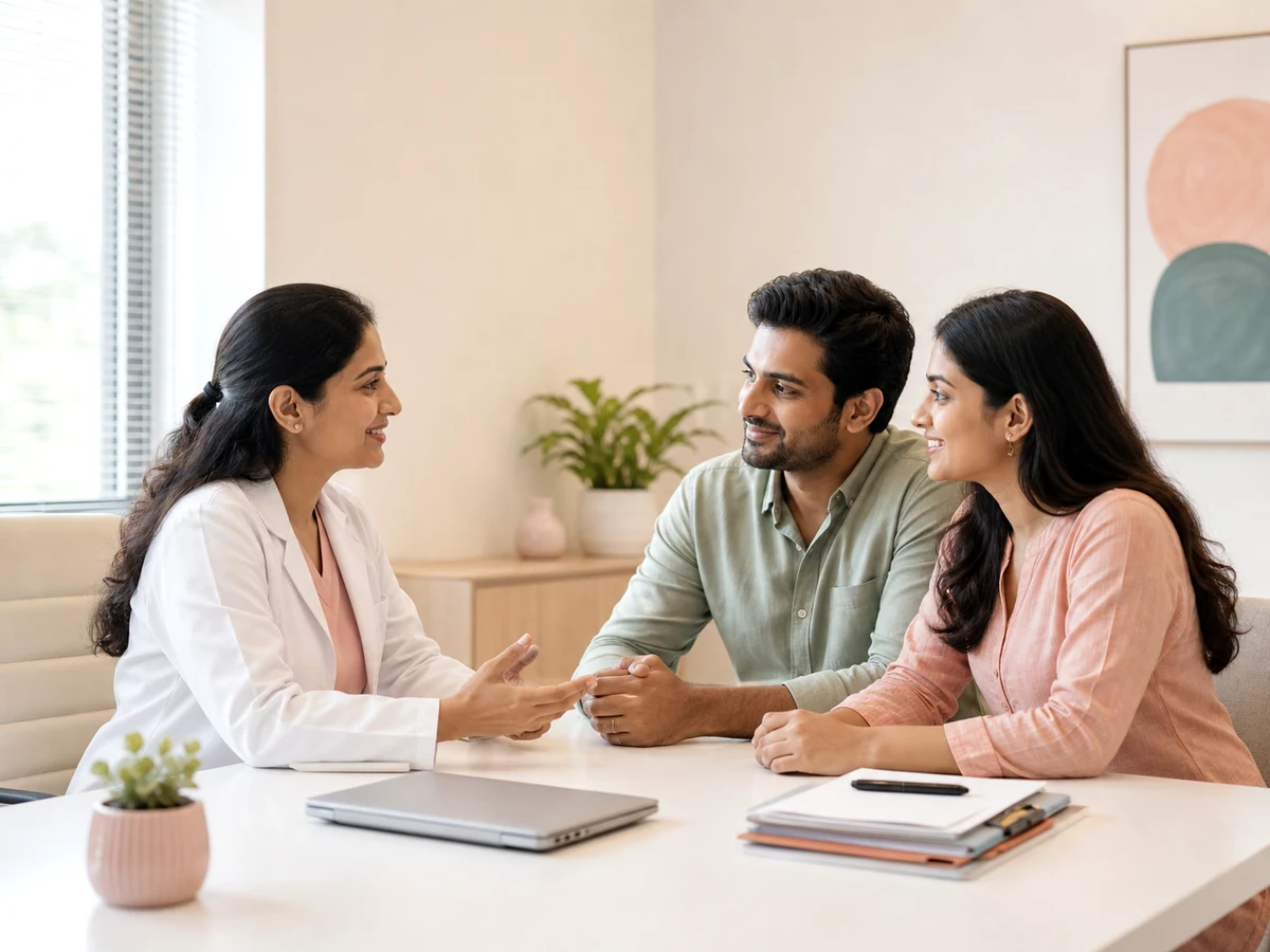 Indian couple speaking with a fertility specialist in a bright clinic.