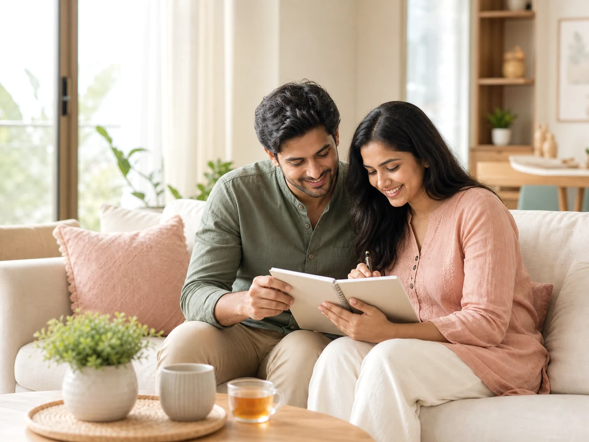 Indian couple planning parenthood together in a bright home.