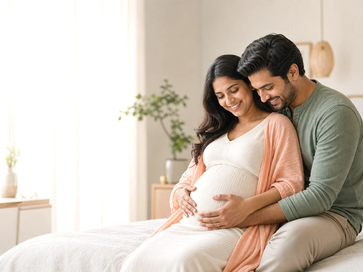 Pregnant Indian couple sitting together in warm natural daylight.