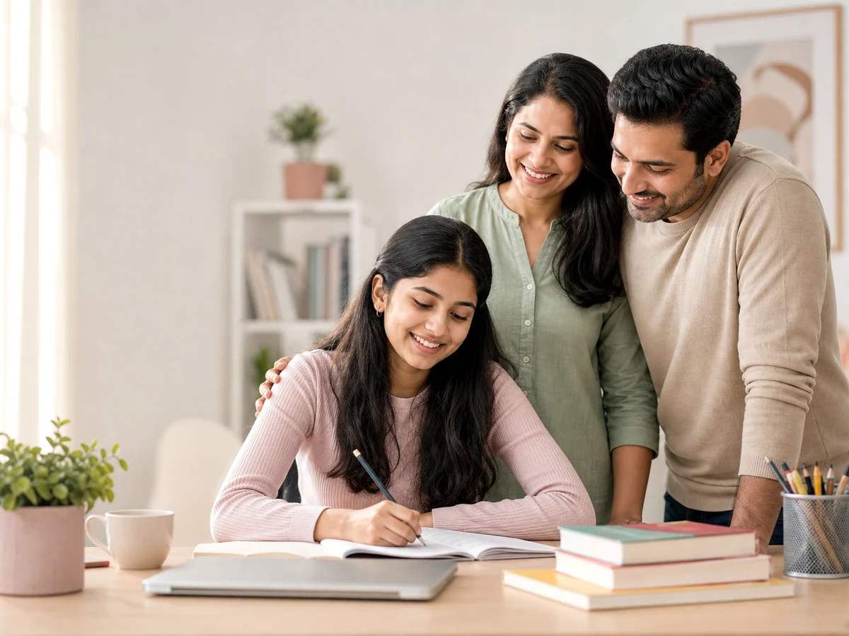 Indian teen studying confidently with parents nearby.
