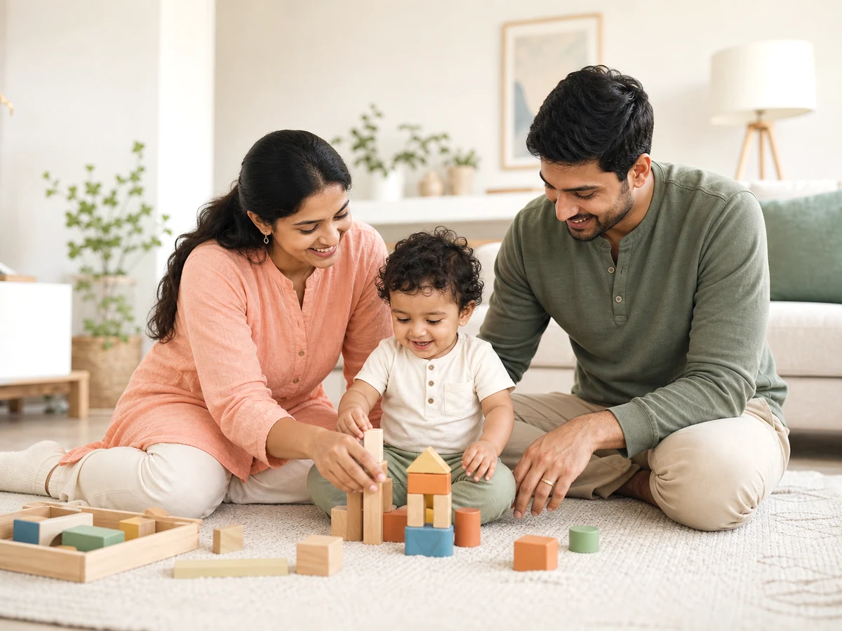 Indian parents playing blocks with their toddler at home.