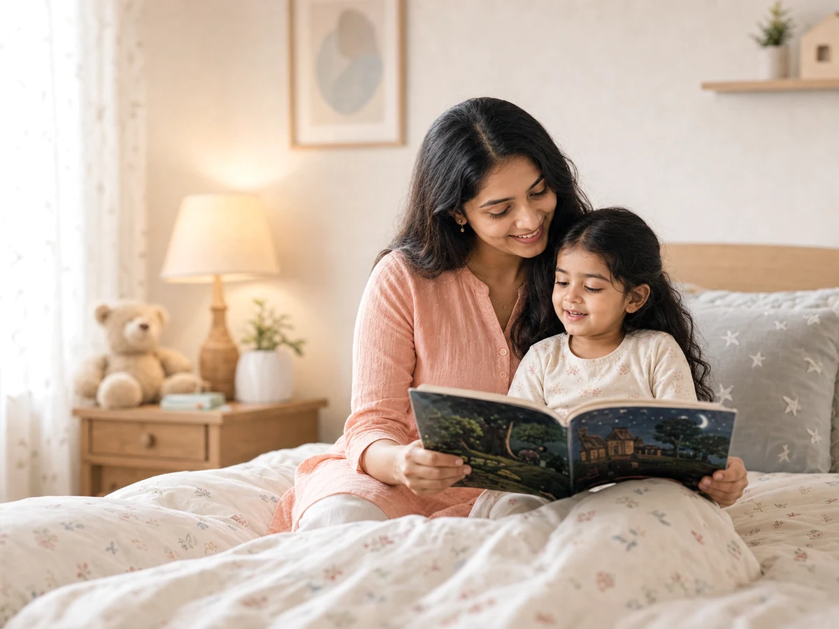 Indian mother reading a bedtime story with her child.