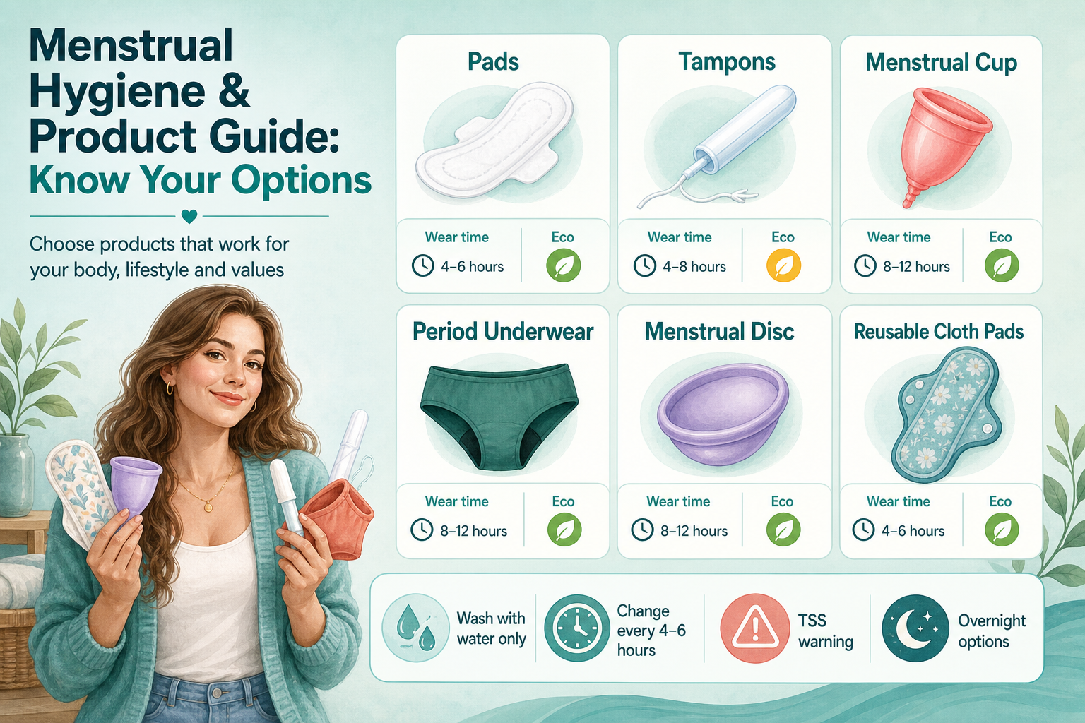 Period product guide — pads, tampons, menstrual cup and period underwear with safe-use and hygiene tips
