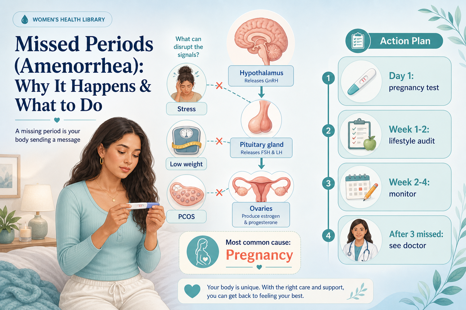 Missed or late period — take a pregnancy test first if sexually active, then common causes like stress, weight change, PCOS and thyroid, and when to see a doctor