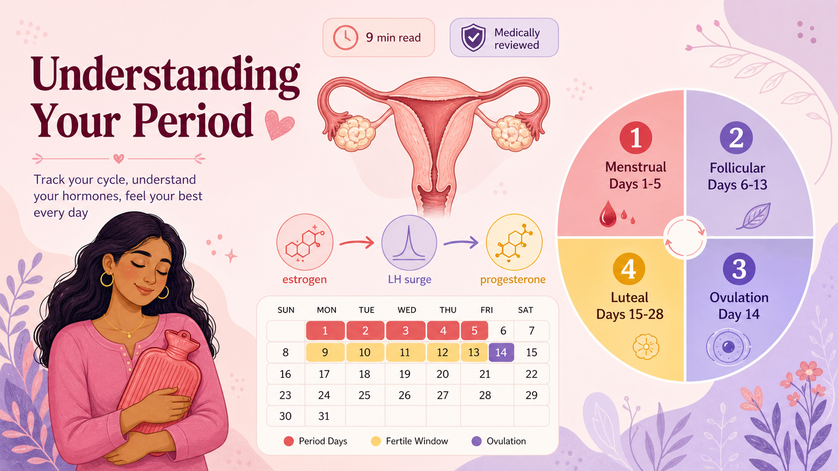 Understanding Your Period infographic - cycle phases, hormone flow, fertile window and ovulation calendar