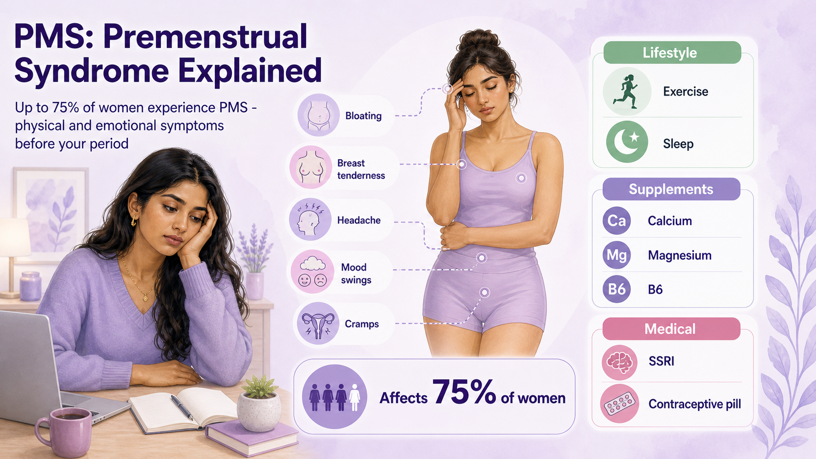 A woman resting calmly with a warm cup, easing premenstrual symptoms