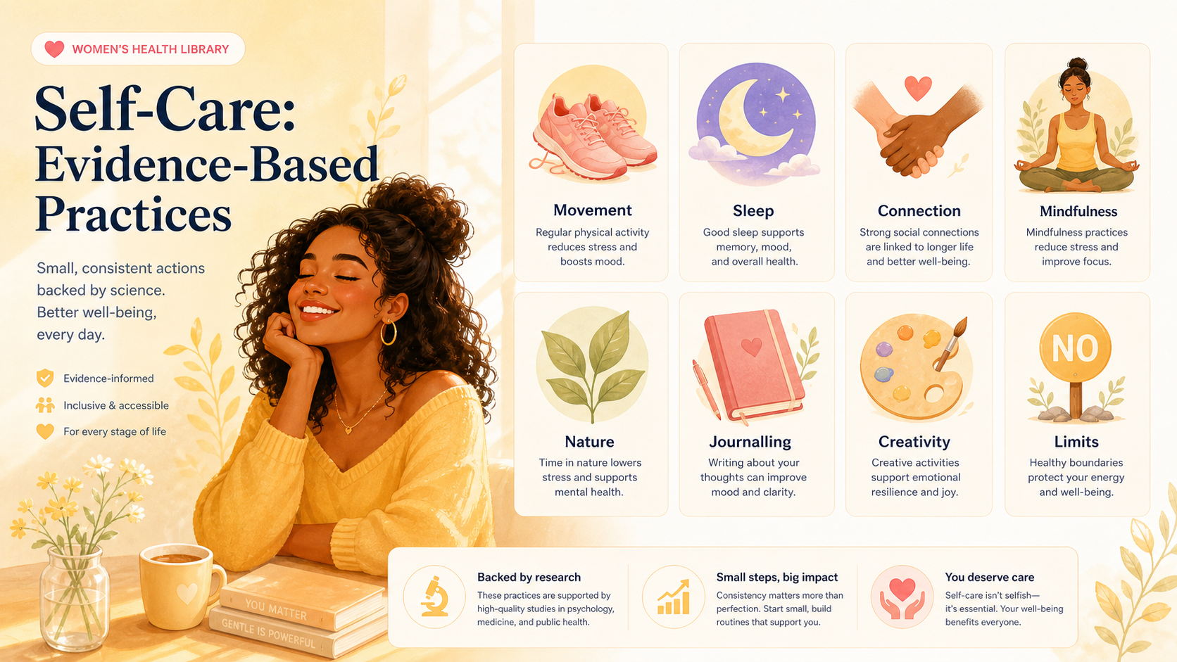 A woman pausing for a calm, restful moment with a warm drink — looking after herself