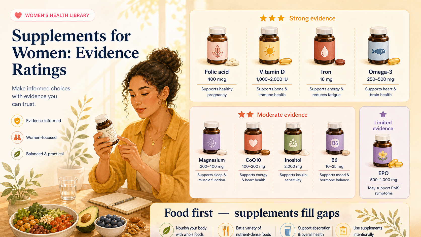 A balanced plate of whole foods beside a few supplement capsules, illustrating a food-first approach to women's nutrition