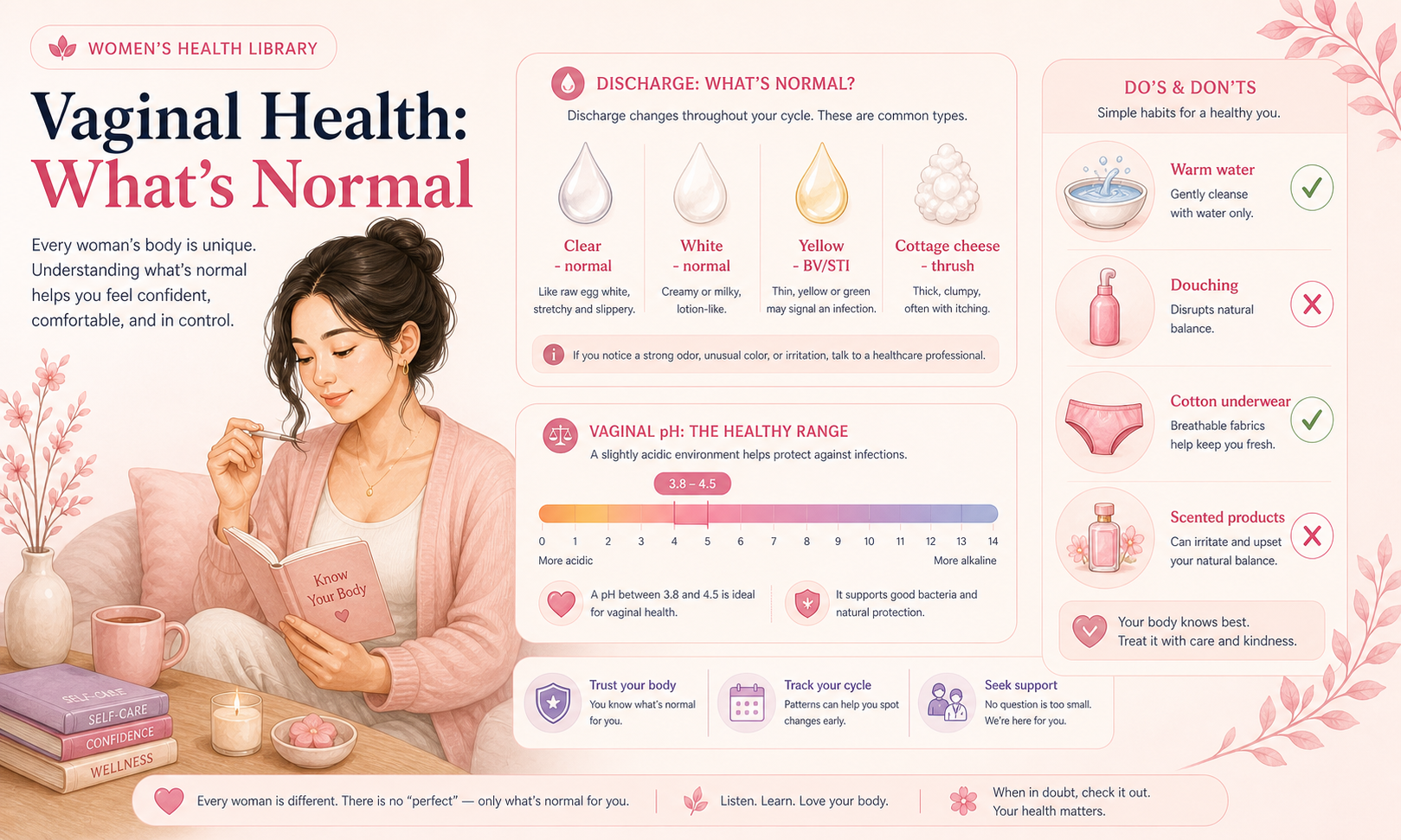Calm, reassuring illustration representing everyday vaginal health and self-care